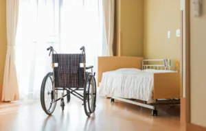 wheelchair and bed